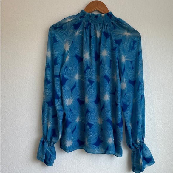 RAMY BROOK • Blue Floral Smocked Tie-Neck Blouse • Small - Picture 7 of 9